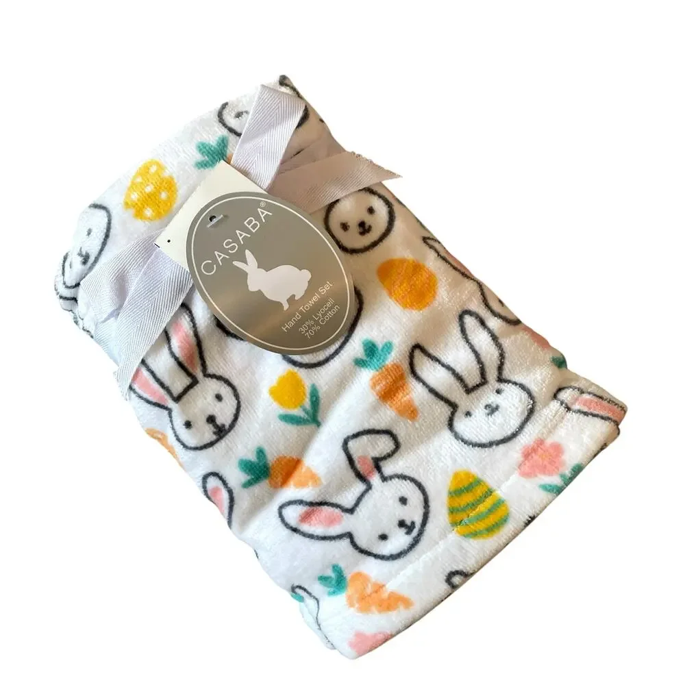 Set of 2 Casaba Easter Bath Hand Towels Multicolor  Bunnies Carrots Eggs New